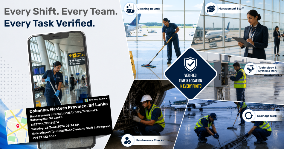 Airport staff using GPS Map Camera to document security patrols, maintenance checks, and facility inspections with verified date and time stamps for compliance and audit purposes.