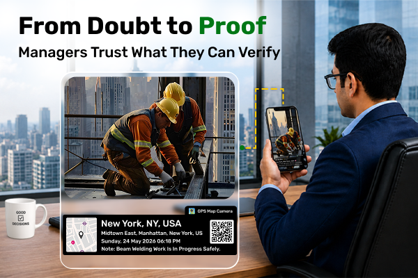 Manager verifying construction site work through GPS Map Camera with live location, date, and timestamp proof for trusted field reporting.