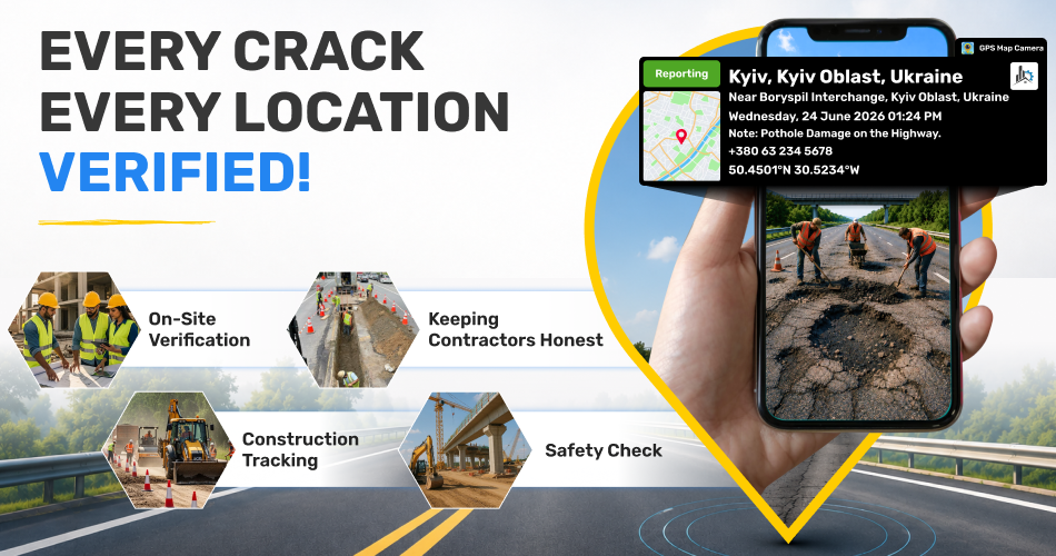 Highway inspector using GPS Map Camera to document road conditions, bridge safety, and construction progress with verified location and time stamps for transparent reporting.