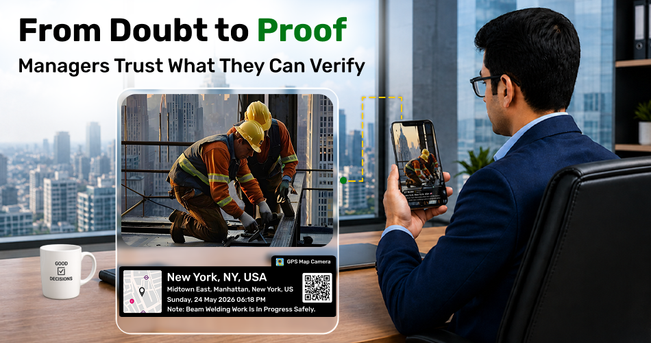 GPS Map Camera helping managers monitor real-time construction progress with verified site photos, GPS location, and work evidence.