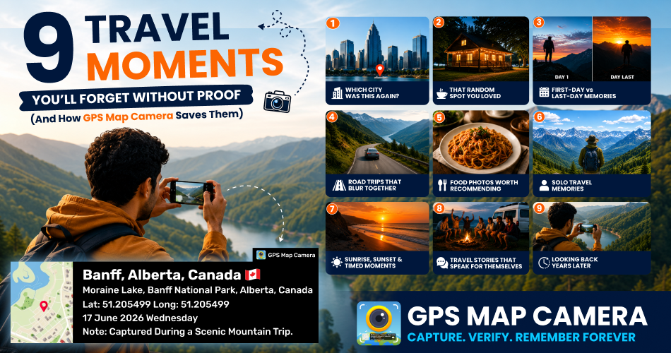 Traveller capturing memorable moments with GPS Map Camera, adding location, date, and time proof to travel photos for lasting memories.